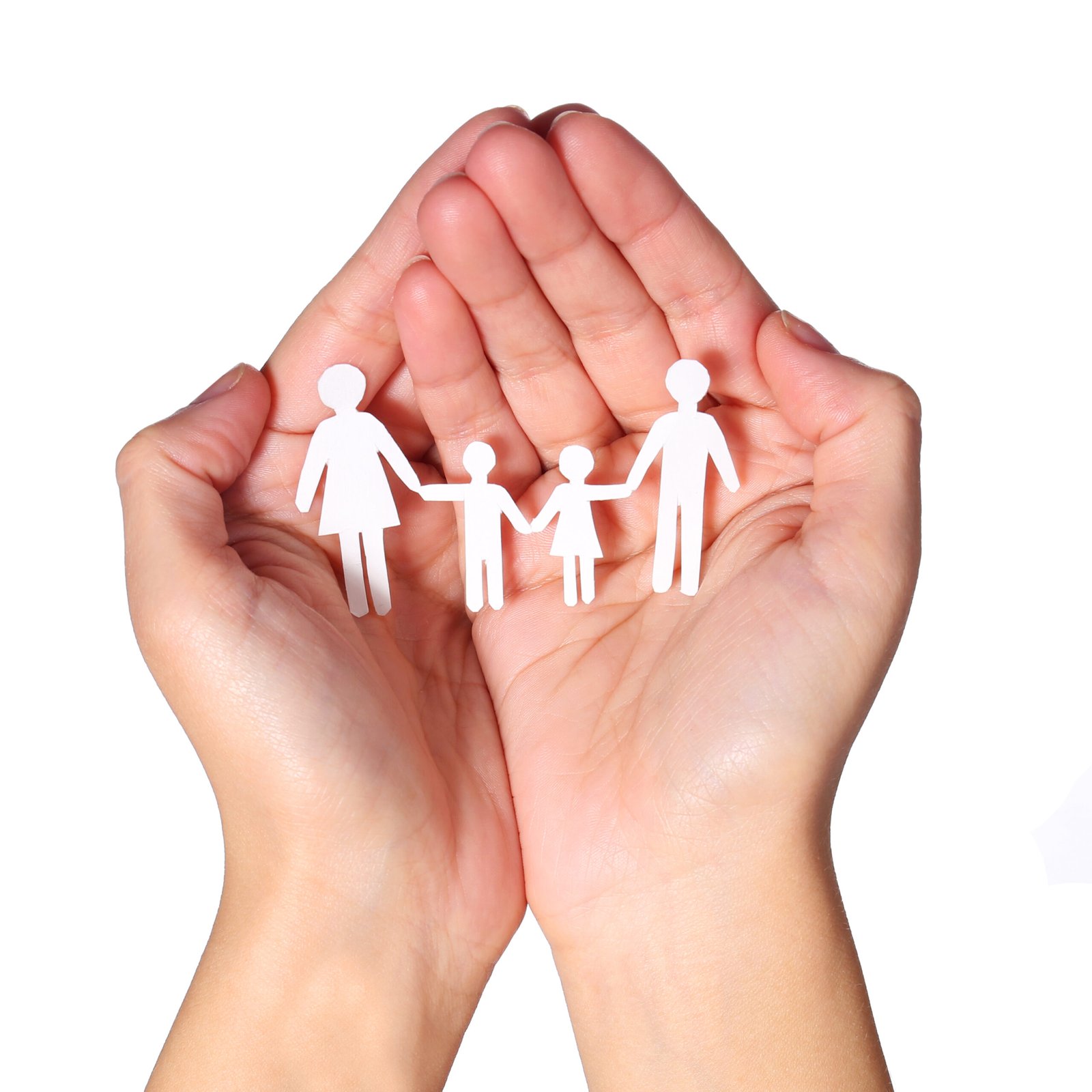 Paper Family in Hands isolated on white background. Family and Kids Concept