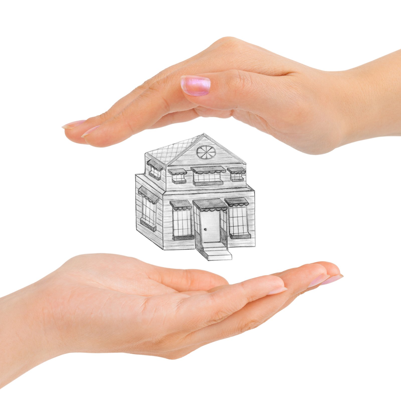 Cupped hands and house isolated on white background