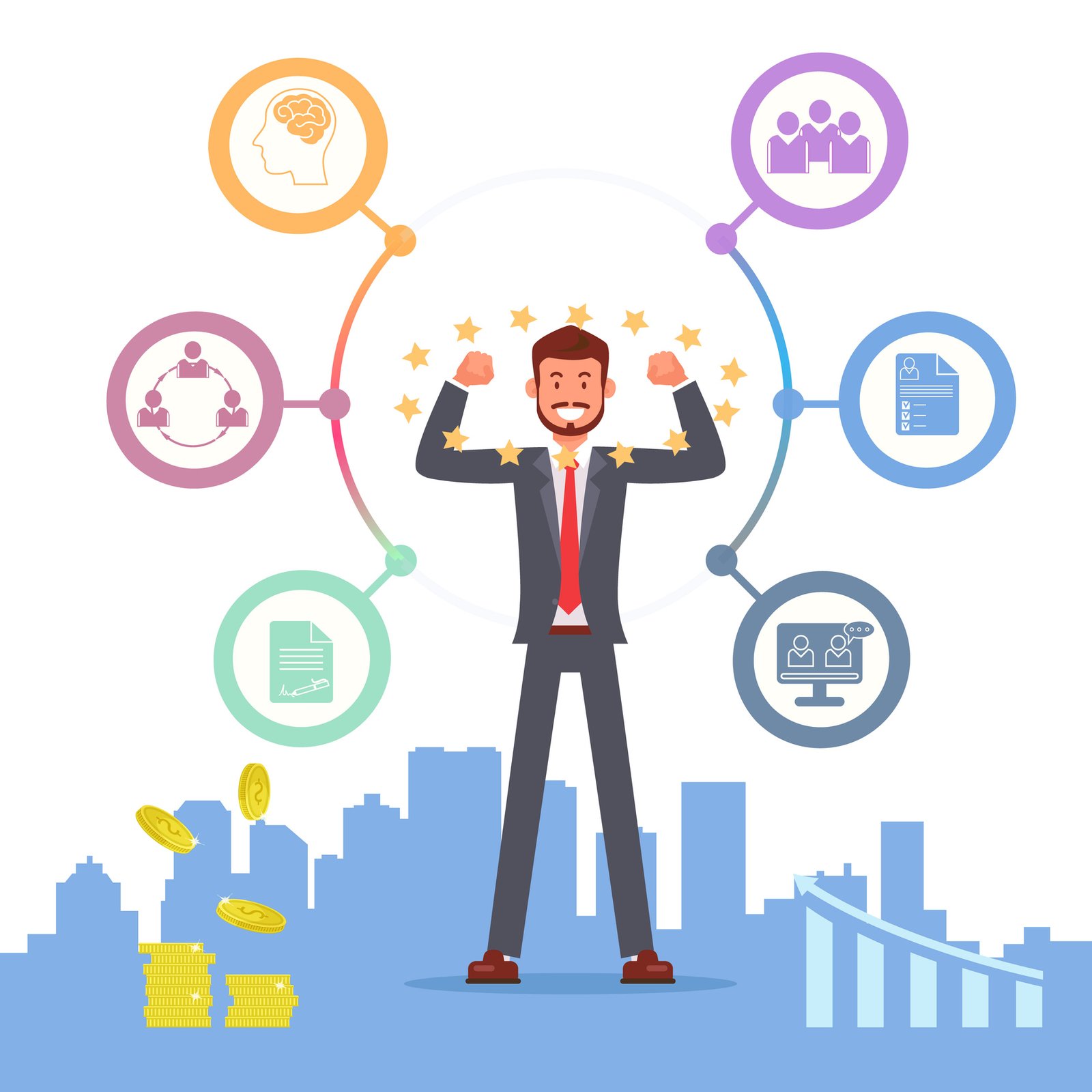 Successful Businessman on City Background. Candidate for Position. Man in Black Suit. Skills Vector Illustration. Recruitment Agency. Be Leader. Staff Evaluation Criteria. Positive Qualities Employee.
