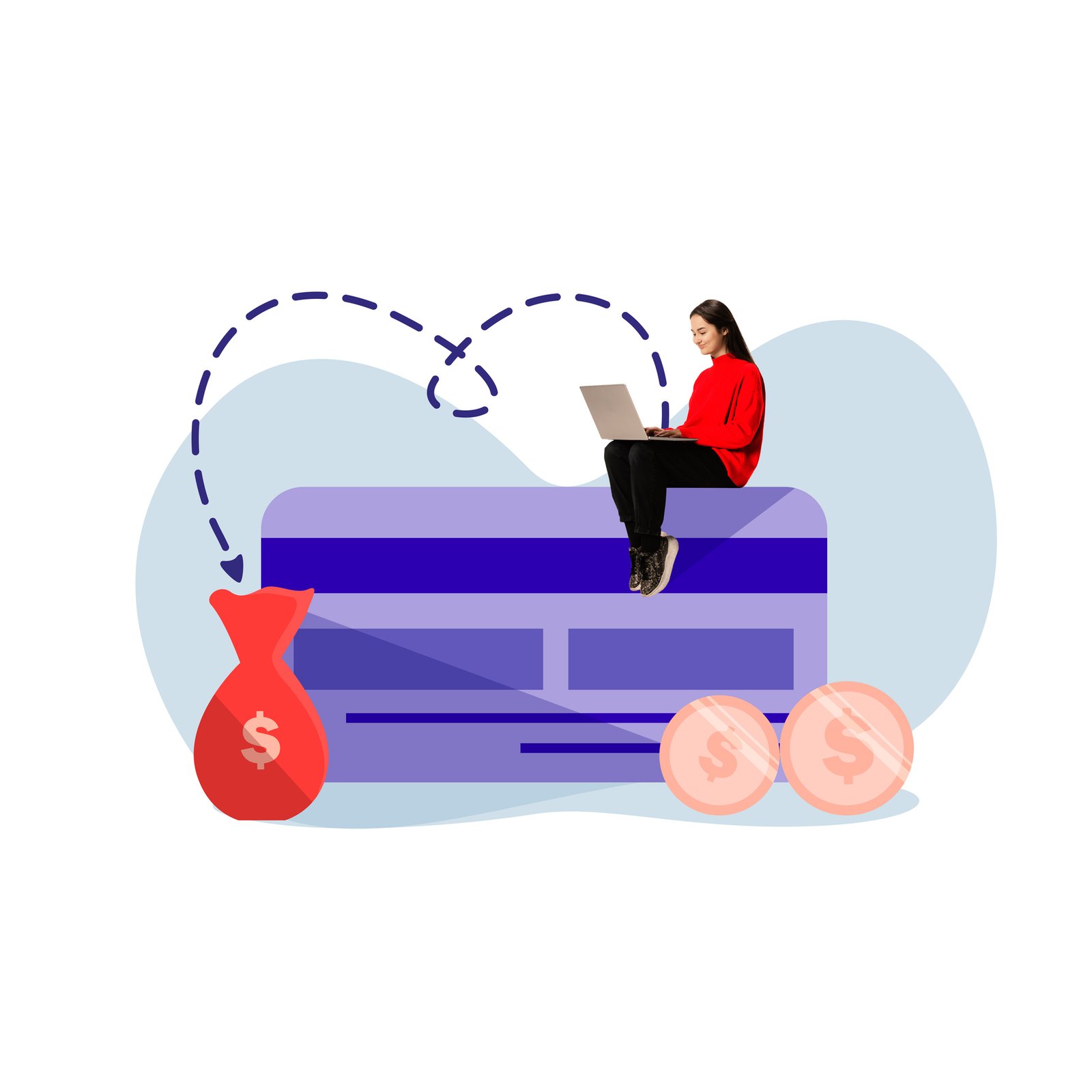 Contemporary art collage. Young lady sitting on banking card and her earned money goes into her salary and savings. Copy space. Concept of business, financial literacy, earning, banking. Ad